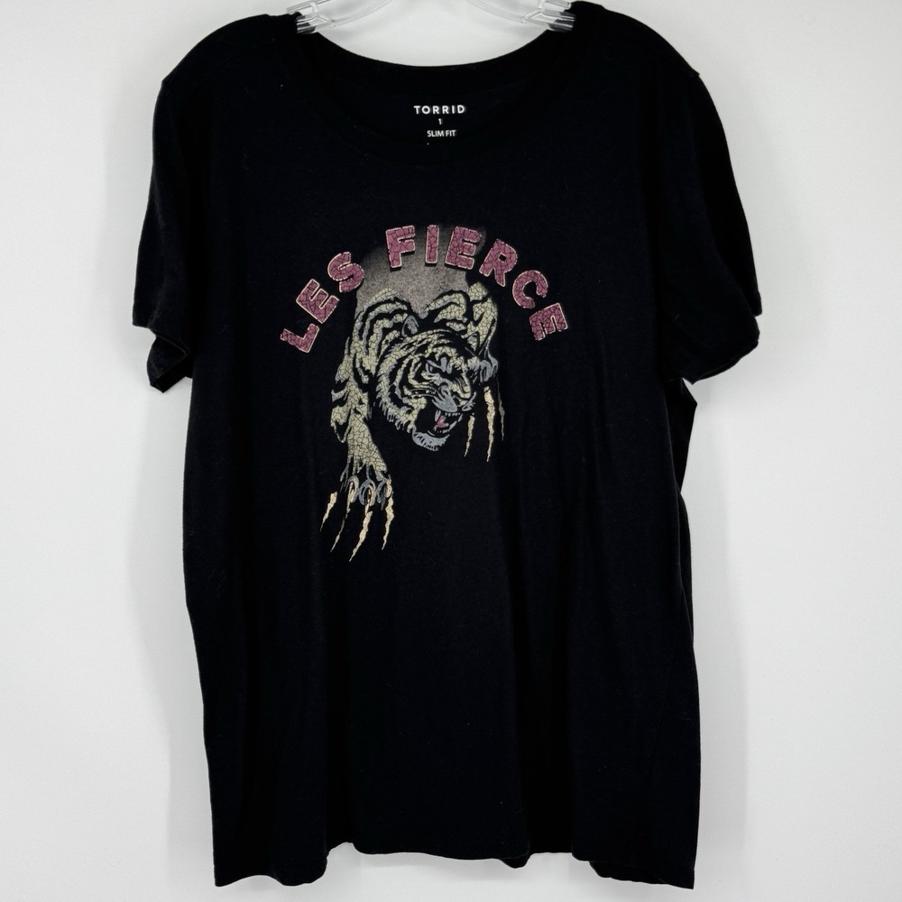 Torrid Les Fierce Tiger Graphic Tee Black Slim Fit Women's Size 1 (14-16) Grunge